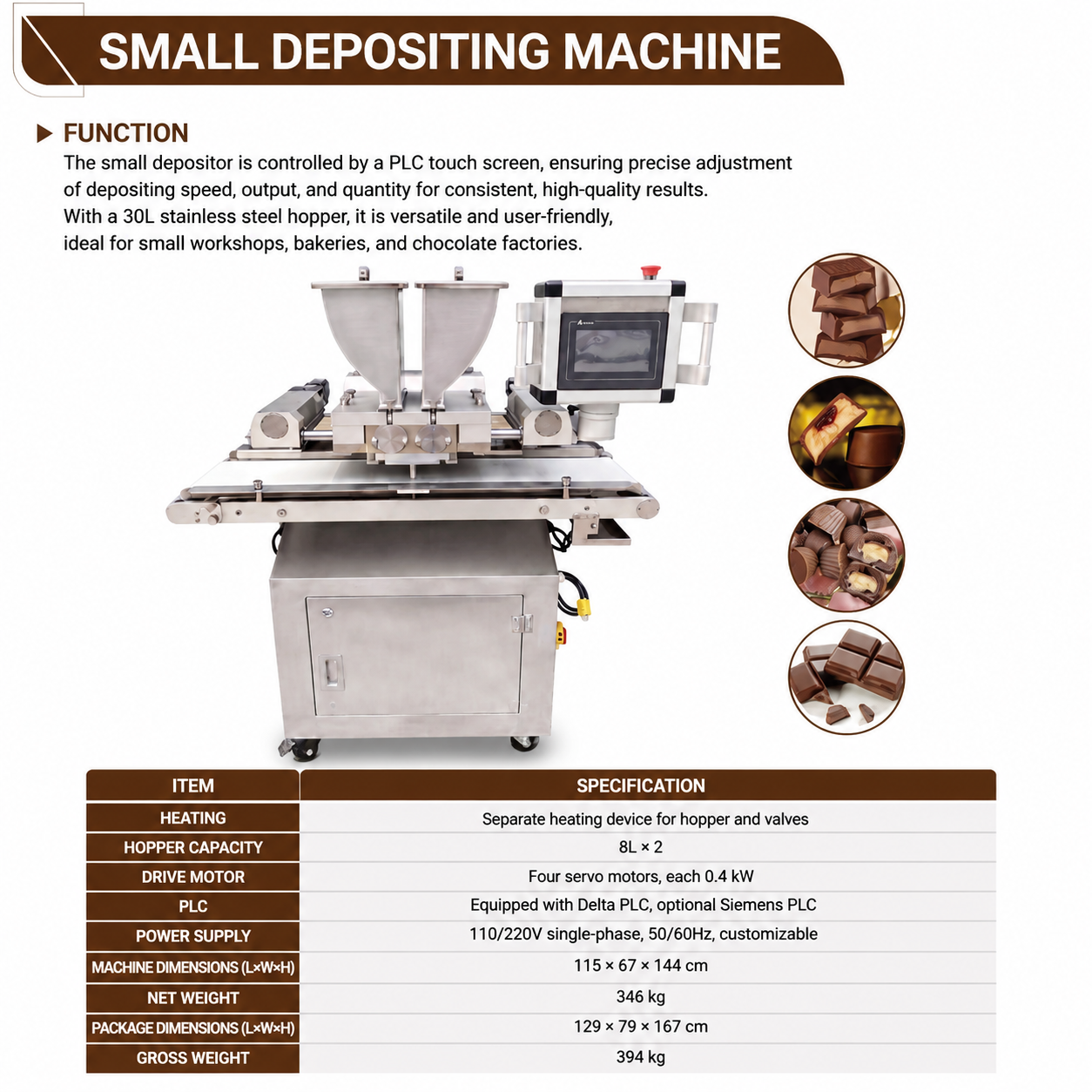 Stainless steel chocolate filling machine for small confectionery factory