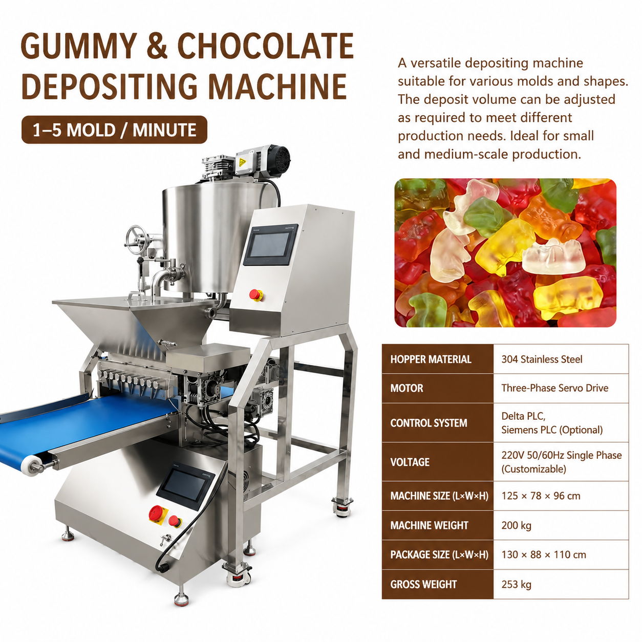 WD Automatic Chocolate & Gummy Depositing Machine for Candy Production | Adjustable Multi-Mold Depositor
