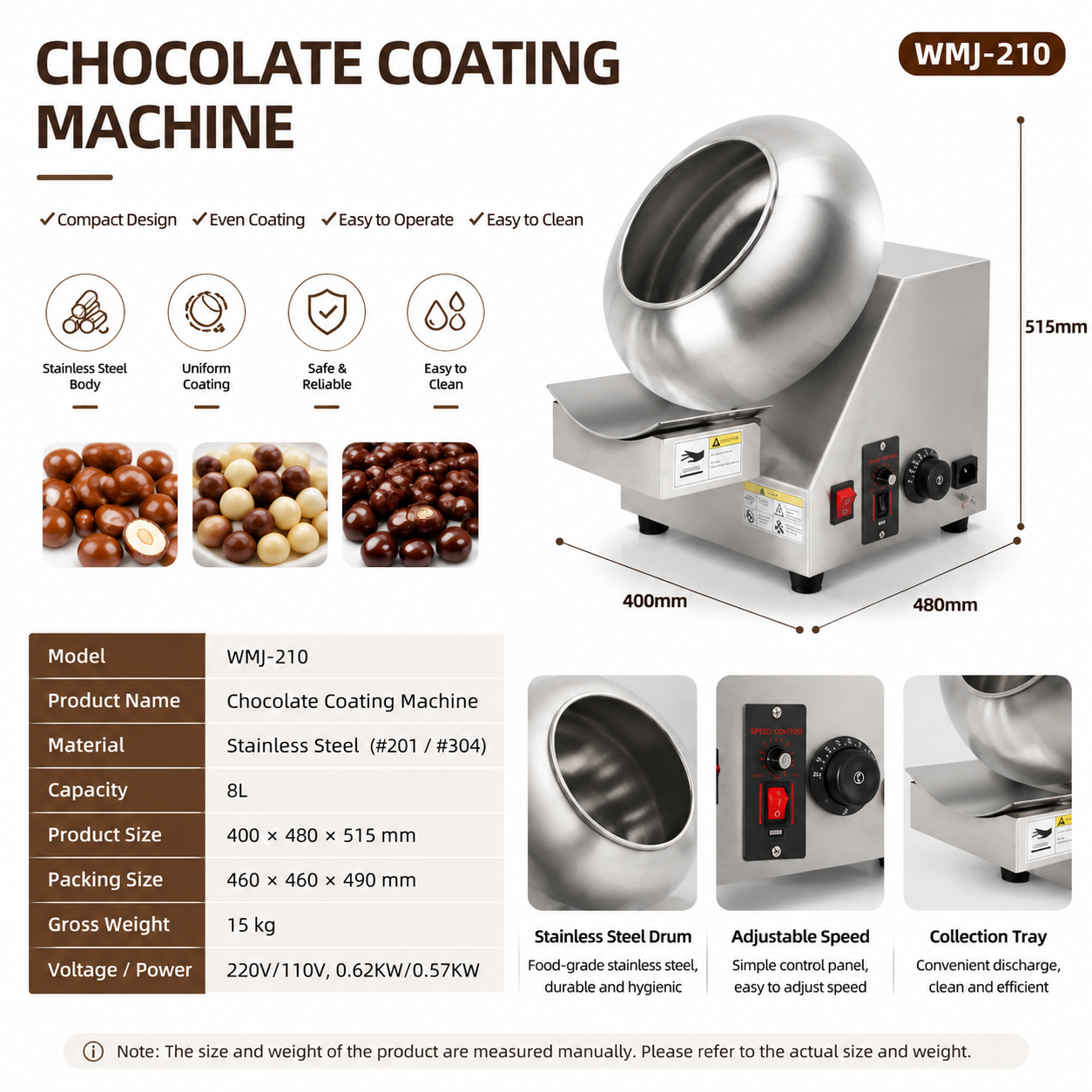 8L Chocolate Coating Machine for Nuts, Candy & Snacks | Stainless Steel Sugar Coating Pan with Adjustable Speed