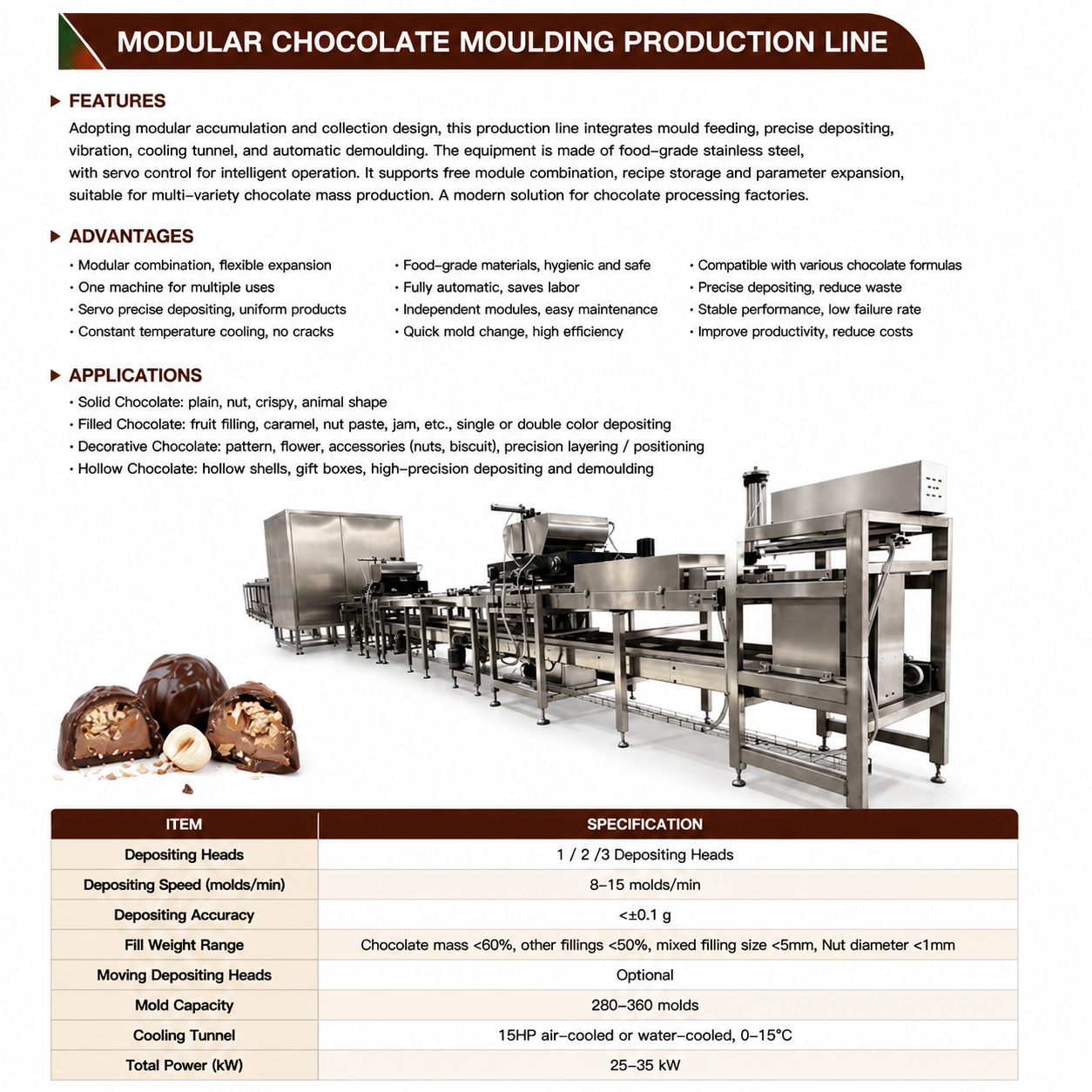 Modular Chocolate Moulding Production Line for Automatic Chocolate Depositing and Cooling